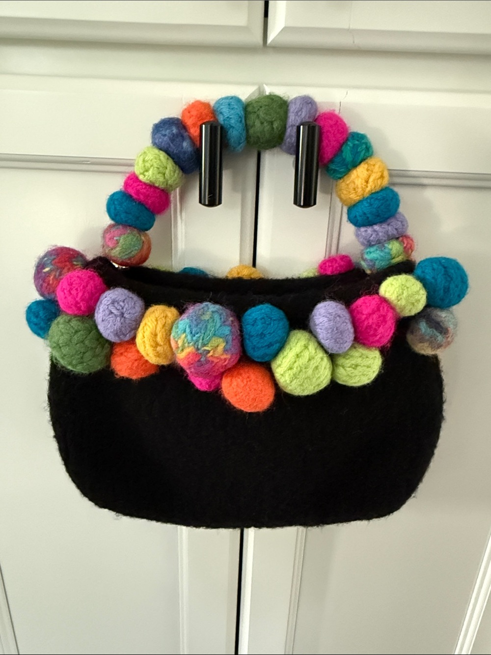 Black Felt Handbag with Multicolor Pom-Pom Trim